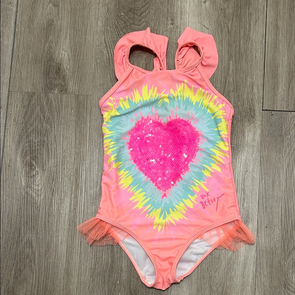 Betsey Johnson Pink and Yellow Heart Kids Swim One Piece